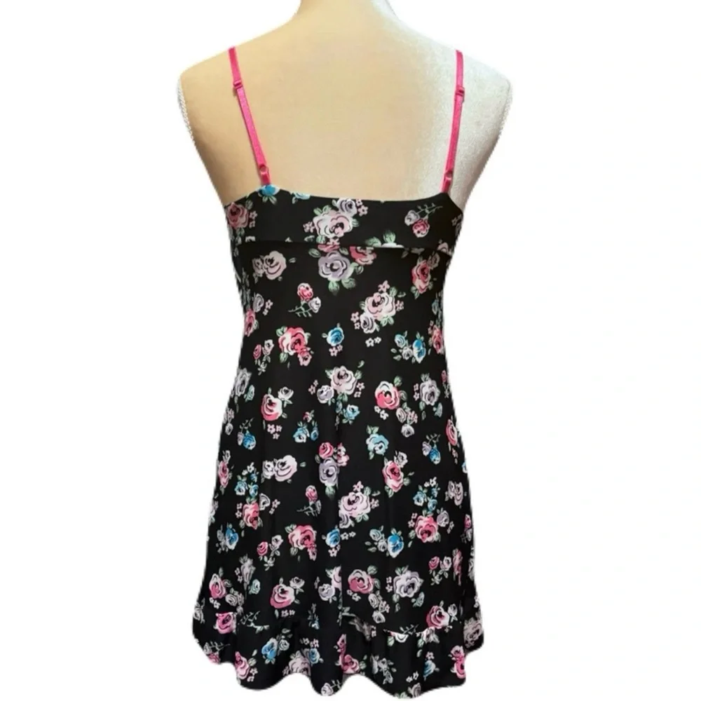 Y2K Black Floral Babydoll Slip Dress XS Cottagecore Grunge Lingerie Aesthetic